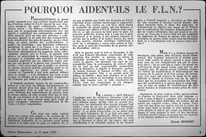article de claude bourdet - les français qui aident le FLN - 3 mars 1960